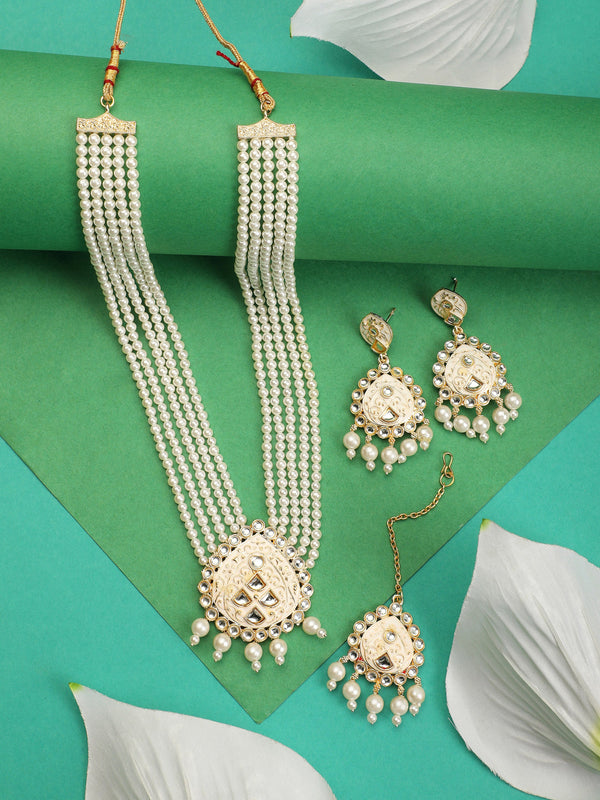 Women's Wedding Wear White Pearl Necklace Set With Maang Tikka  - Zaffre Collections