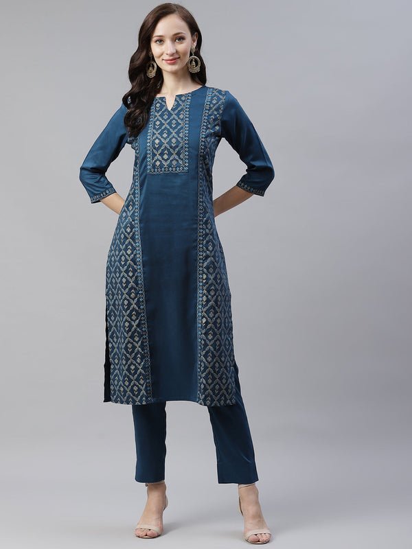 Women Teal Blue Printed Kurta by Ziyaa (1pc)