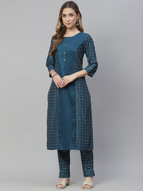 Women Teal Kurta With Pant by Ziyaa (2pcs Set)