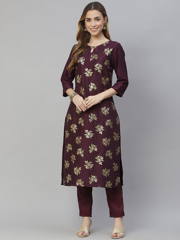 Women's Purple Chinon Kurta And Pant Set by Ziyaa- (2pcs set)