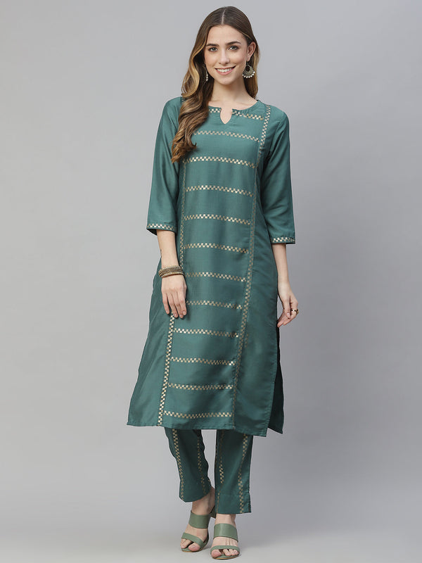 Women's Green Chinon Kurta And Pant Set by Ziyaa- (2pcs set)