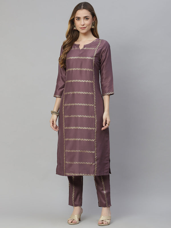 Women's Purple Chinon Kurta And Pant Set by Ziyaa- (2pcs set)