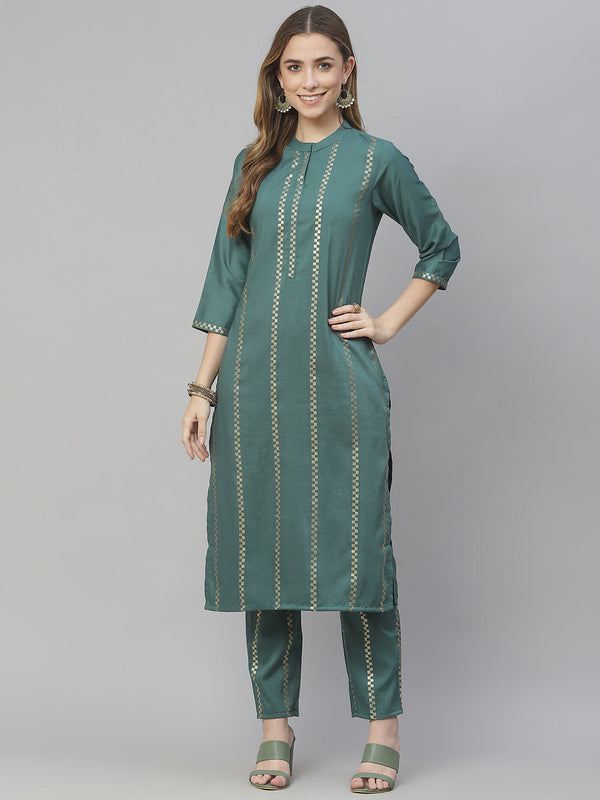 Women's Green Chinon Kurta And Pant Set by Ziyaa- (2pcs set)