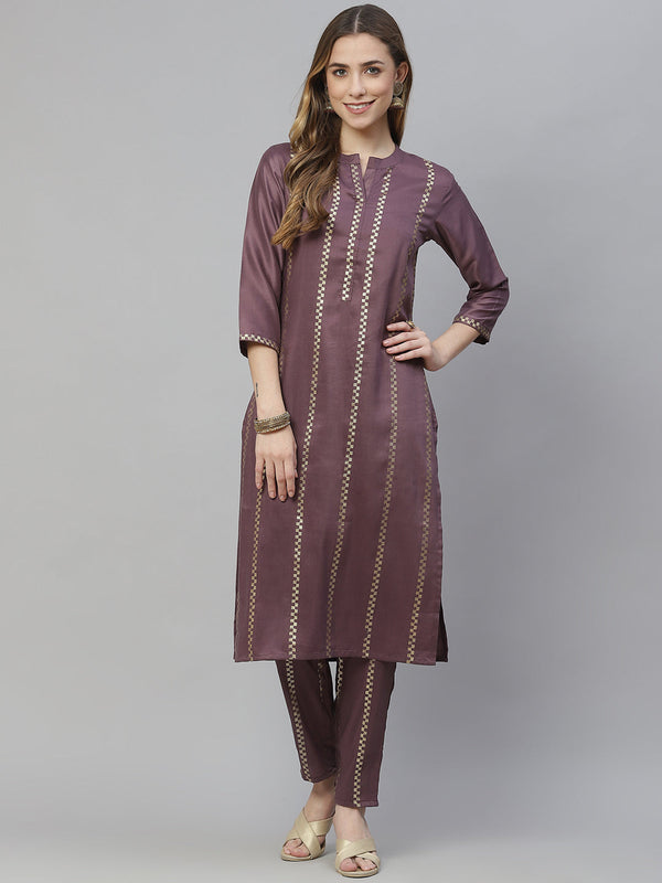 Women's Purple Chinon Kurta And Pant Set by Ziyaa- (2pcs set)