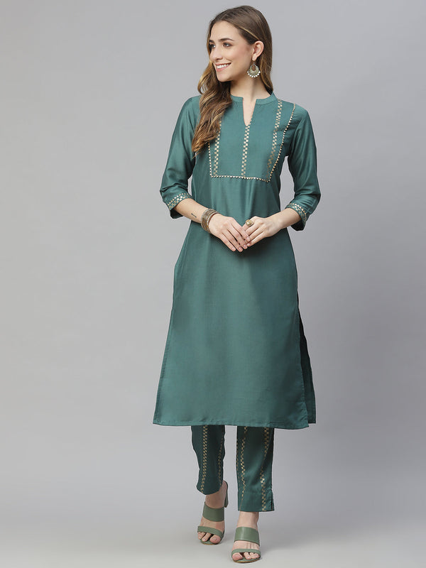 Women's Green Chinon Kurta And Pant Set by Ziyaa- (2pcs set)