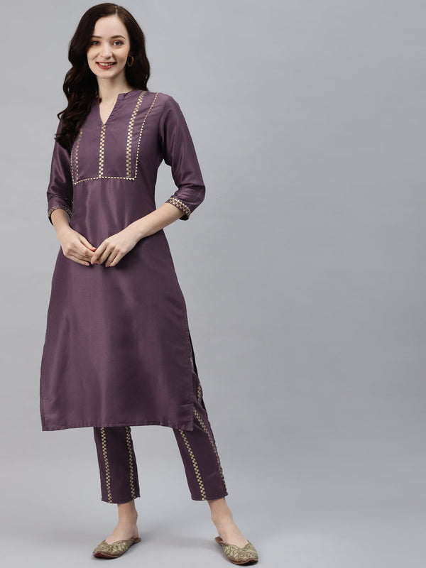 Women's Purple Chinon Kurta And Pant Set by Ziyaa- (2pcs set)