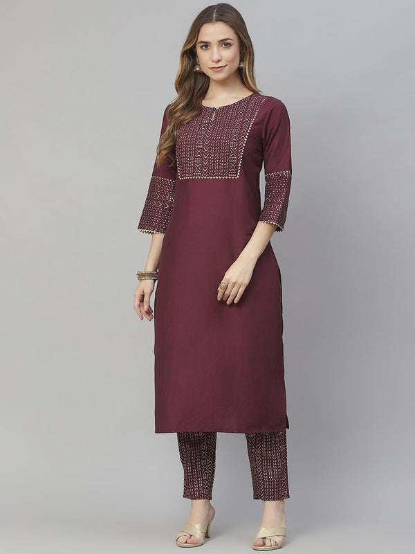 Women's Wine Kurta And Pant Set in Chinon by Ziyaa- (2pcs set)