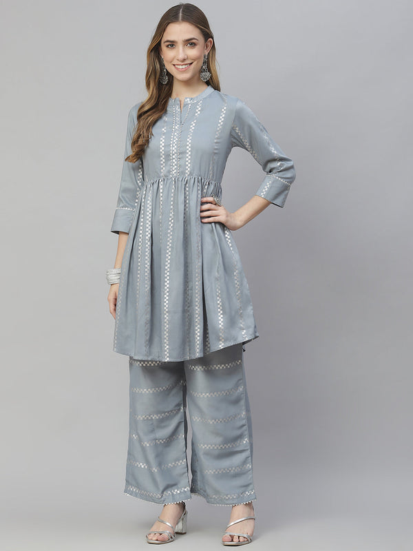 Women's Blue Chinon Kurta And Palazzo Set by Ziyaa- (2 pcs set)