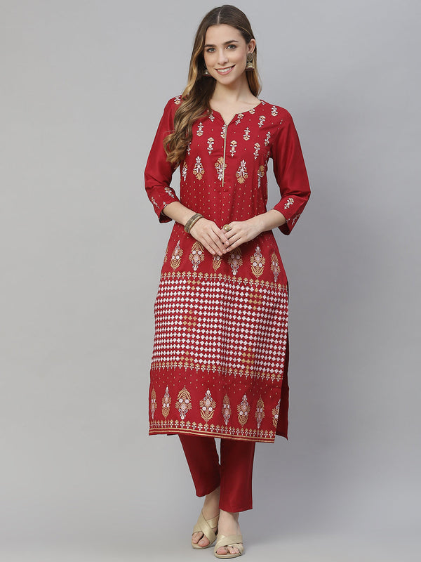 Women's Red Chinon Printed Kurta And Pant Set by Ziyaa- (2pcs set)