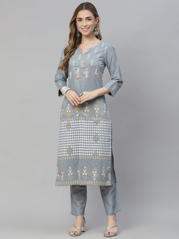 Women's Grey Chinon Kurta And Pant Set by Ziyaa- (2pcs set)