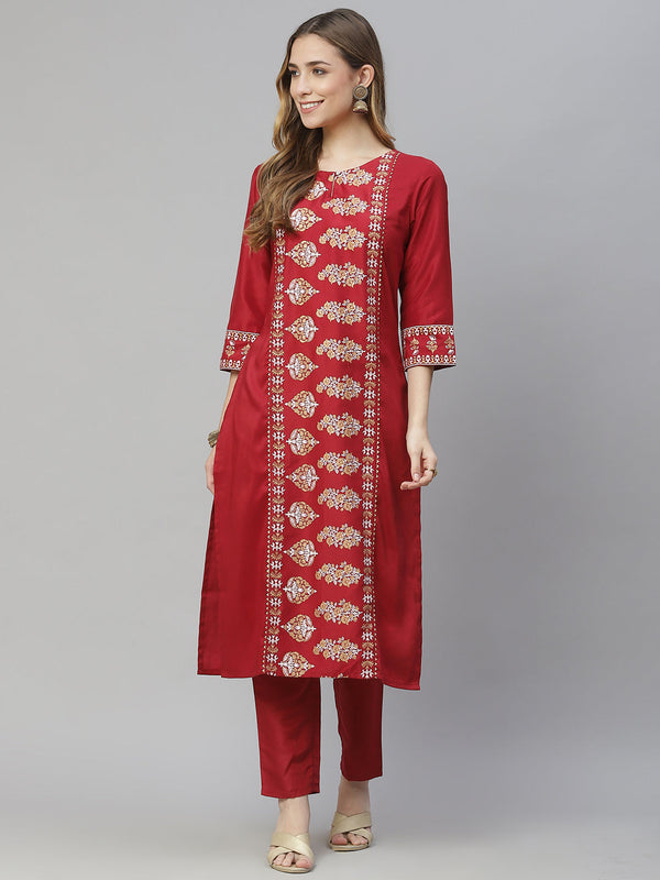 Women's Red Chinon Kurta And Pant Set by Ziyaa- (2pcs set)