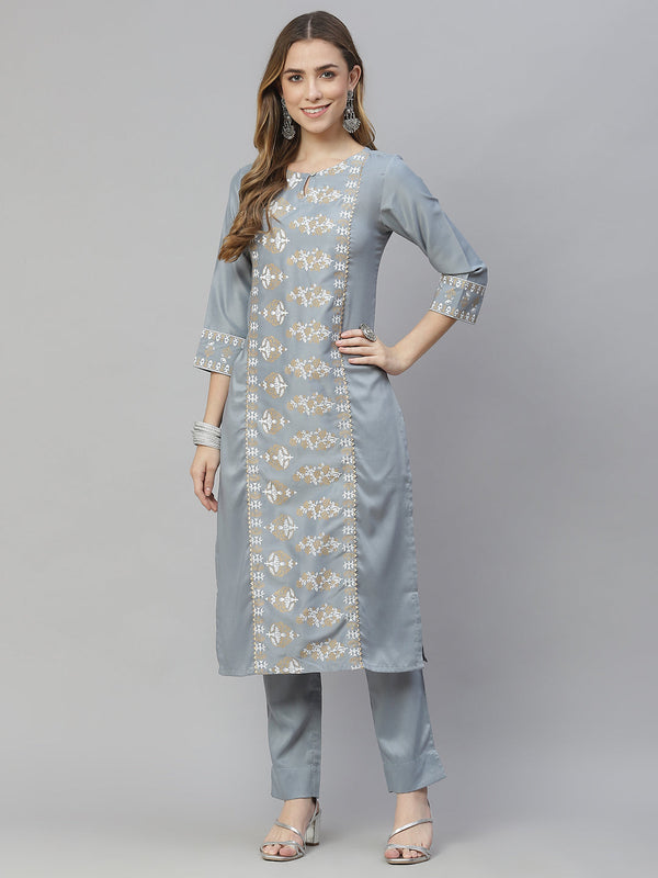 Women's Grey Printed Kurta And Pant Set by Ziyaa- (2pcs set)