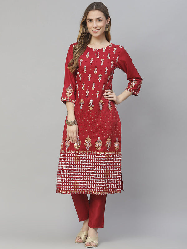 Women's Red Chinon Kurta And Pant Set by Ziyaa (2pc Set)