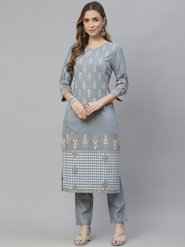 Women's Chinon Grey Kurta And Pant Set by Ziyaa- (2 pcs set)