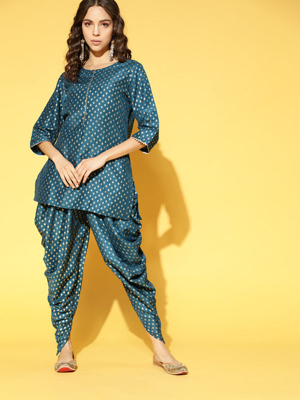 Women's Teal Blue Color Foil Print Straight Kurta And Dhoti Pant Set - Ziyaa