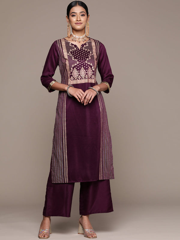 Women's Purple Chinon Straight Kurta And Palazzo Set - Ziyaa