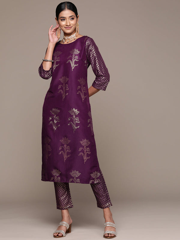 Women's Purple Chinon Straight Kurta And Pant Set - Ziyaa