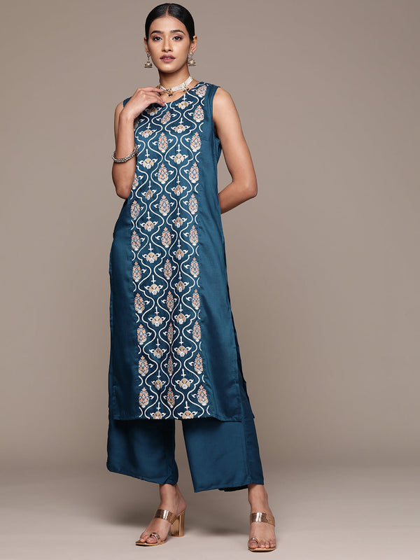 Women's Teal Blue Chinon Straight Kurta And Palazzo Set - Ziyaa