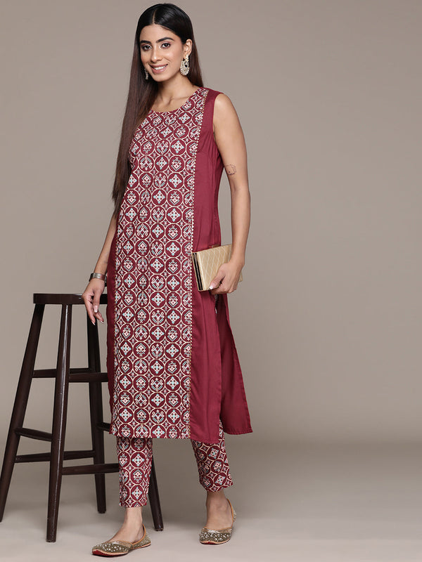 Women's Red Chinon Straight Kurta And Pant Set - Ziyaa