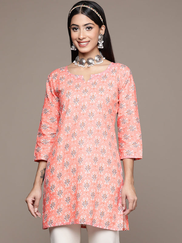 Women's Pink Cotton Straight Kurta - Ziyaa