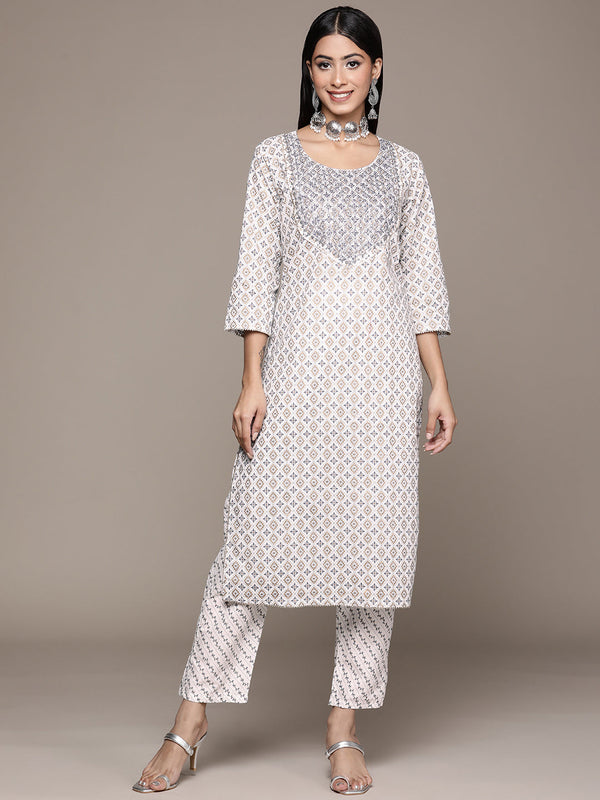 Women's Off White Color Cotton Straight Kurta And Palazzo Set - Ziyaa