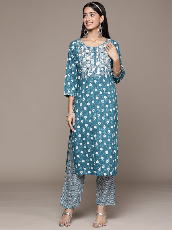 Women's Teal Color Cotton Straight Kurta And Palazzo Set - Ziyaa