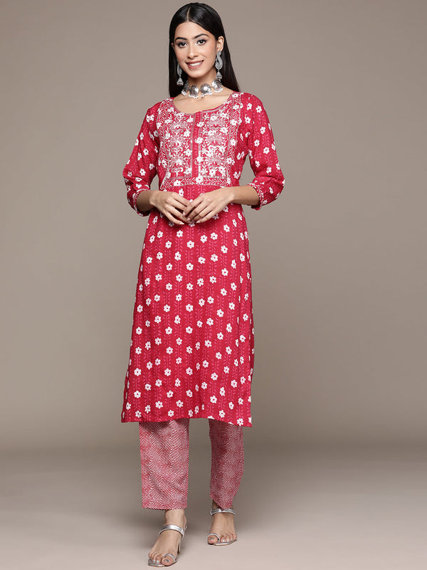 Women's Red Color Cotton Straight Kurta And Palazzo Set - Ziyaa