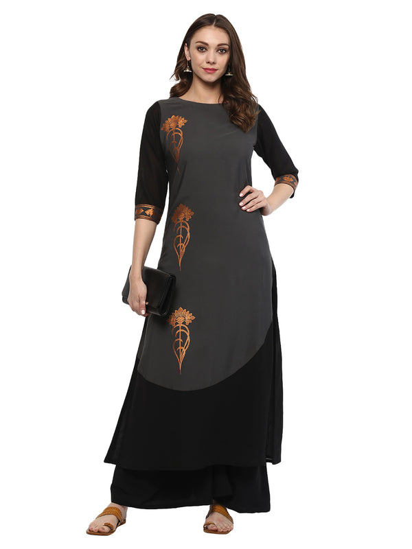 Women's Grey Foil Print Crepe Kurta - Ziyaa