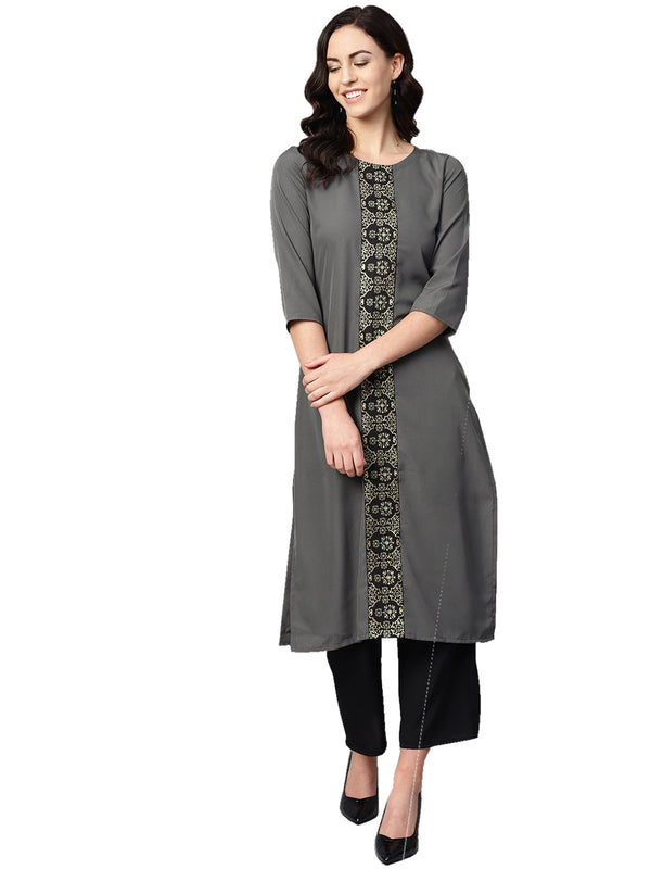 Women's Grey Crepe Kurta And Palazzo Set - Ziyaa