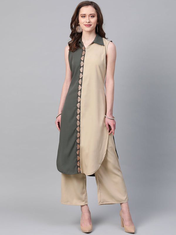 Women’s grey-beige crepe kurta by Ziyaa. (1pc set)