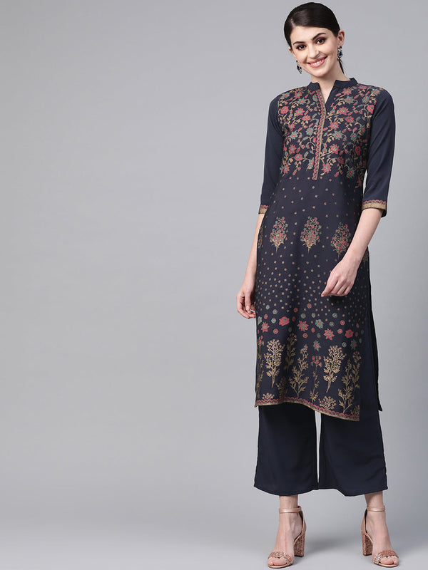 Women's Navy Blue Crepe Kurta - Ziyaa