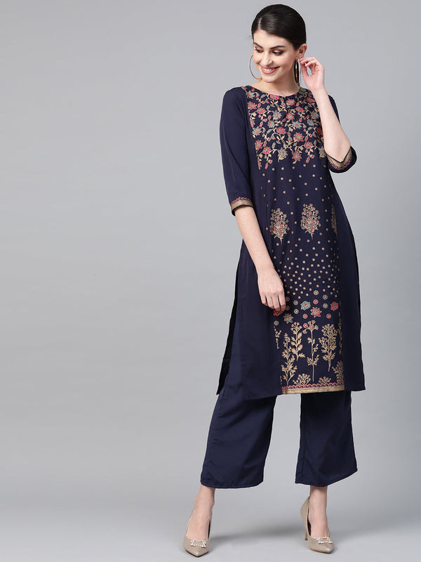 Women's Navy Blue Crepe Kurta - Ziyaa