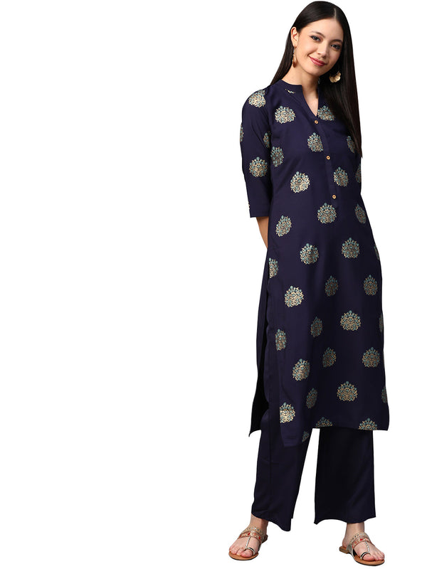 Women's Navy Blue Crepe Kurta - Ziyaa