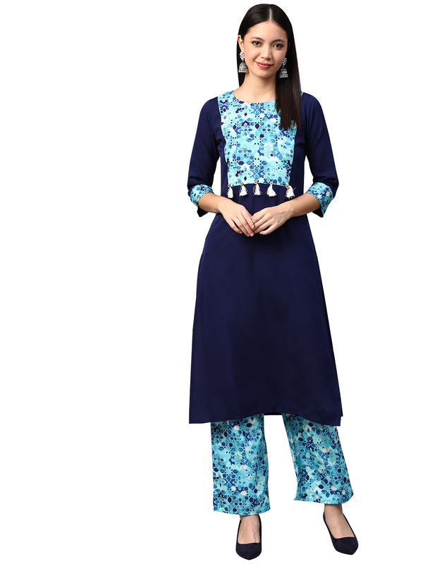 Women's Navy Blue Crepe Kurta - Ziyaa