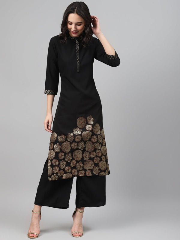 Women's Black Color Foil Print Straight Kurta And Palazzo Set - Ziyaa