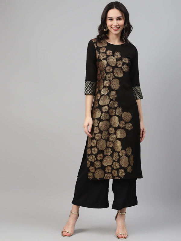 Women's Black Foil Print Crepe Kurta And Palazzo Set - Ziyaa