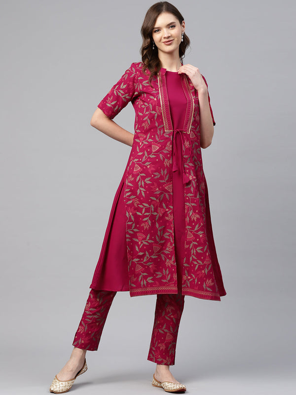 Women's Dark Pink Jacket Style Crepe Kurta - Ziyaa