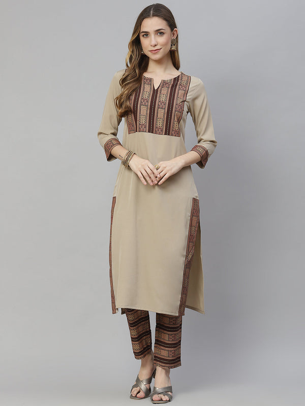 Women's Beige & Brown Crepe Kurta And Pant Set - Ziyaa