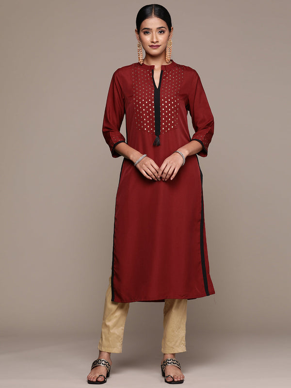 Women's Maroon Crepe Straight Kurta - Ziyaa