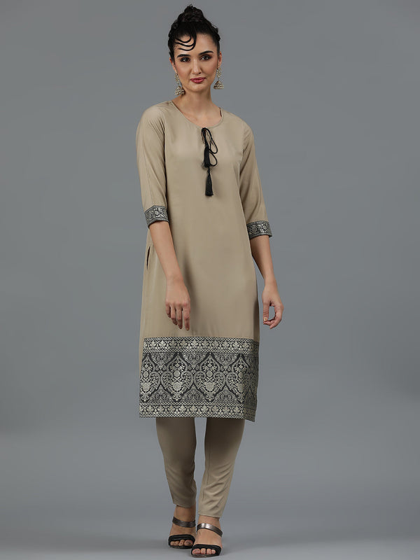 Women's Beige Crepe Straight Kurta And Pant Set - Ziyaa