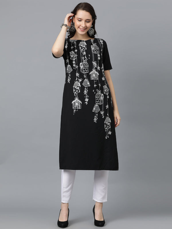 Women's Black Crepe Straight Kurta - Ziyaa