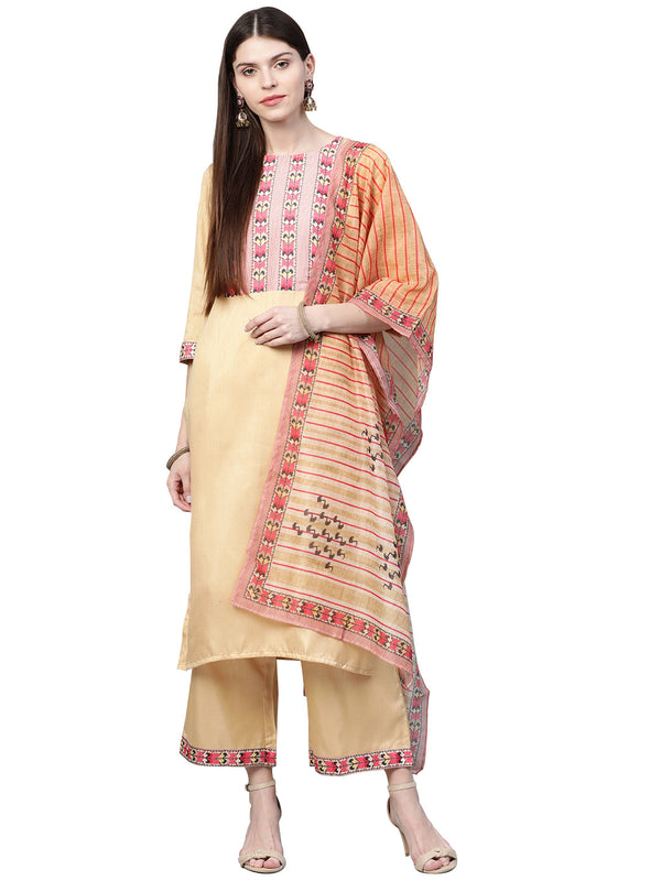 Women Cream Silk Kurta Palazzo and Dupatta Set by Ziyaa (3 Pc Set)