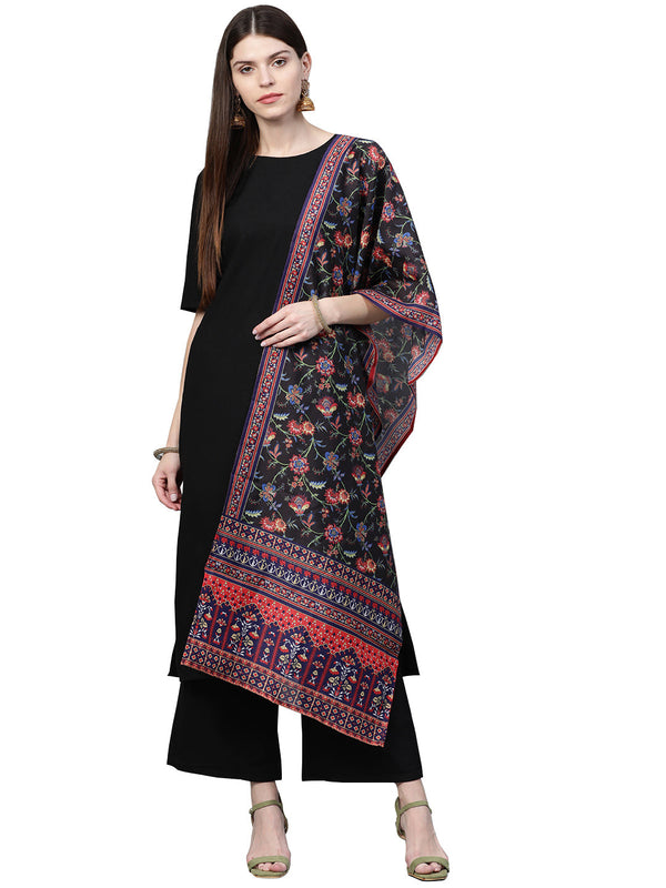 Women's Black Cotton Kurta Palazzo And Dupatta Set - Ziyaa