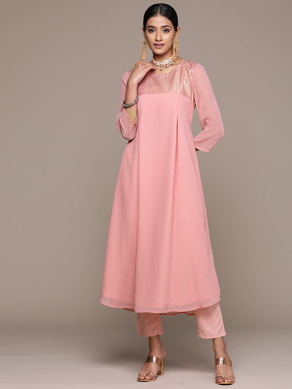 Women's Pink Georgette Flared Kurta And Pant Set - Ziyaa