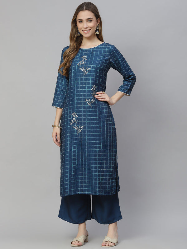 Women Blue Rayon Kurta and Pant Set by Ziyaa (2 Pc Set)