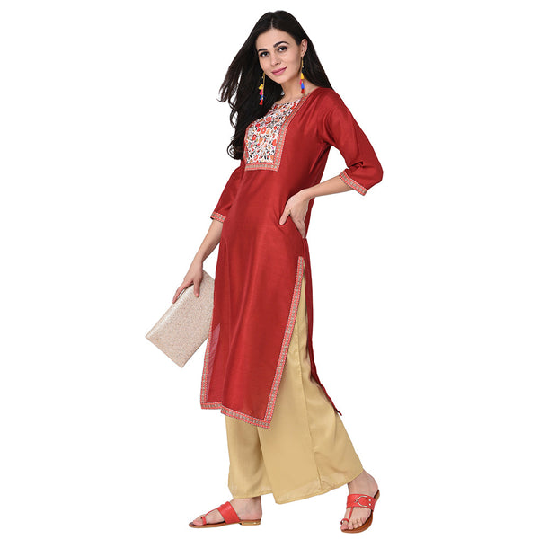 Women's Red Poly Silk Kurta - Ziyaa