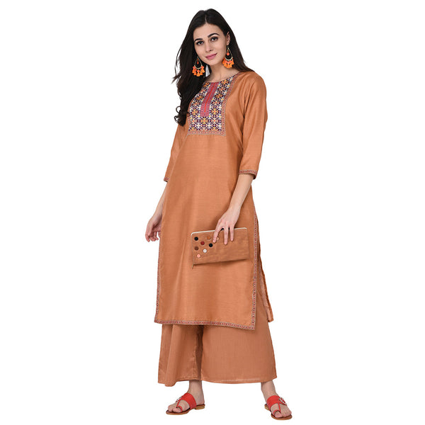 Women's Brown Poly Silk Kurta - Ziyaa