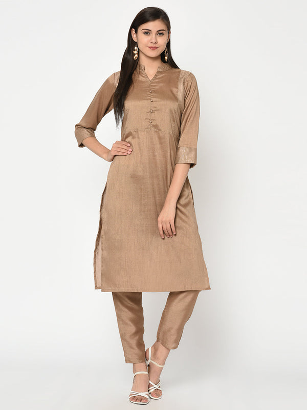 Women's Brown Poly Silk Kurta by Ziyaa