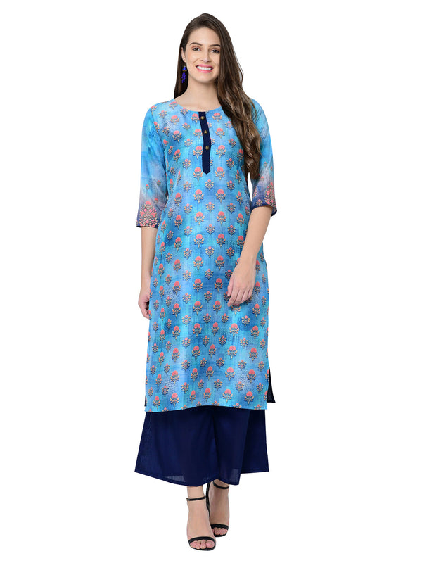 Women's Blue Poly Silk Kurta - Ziyaa