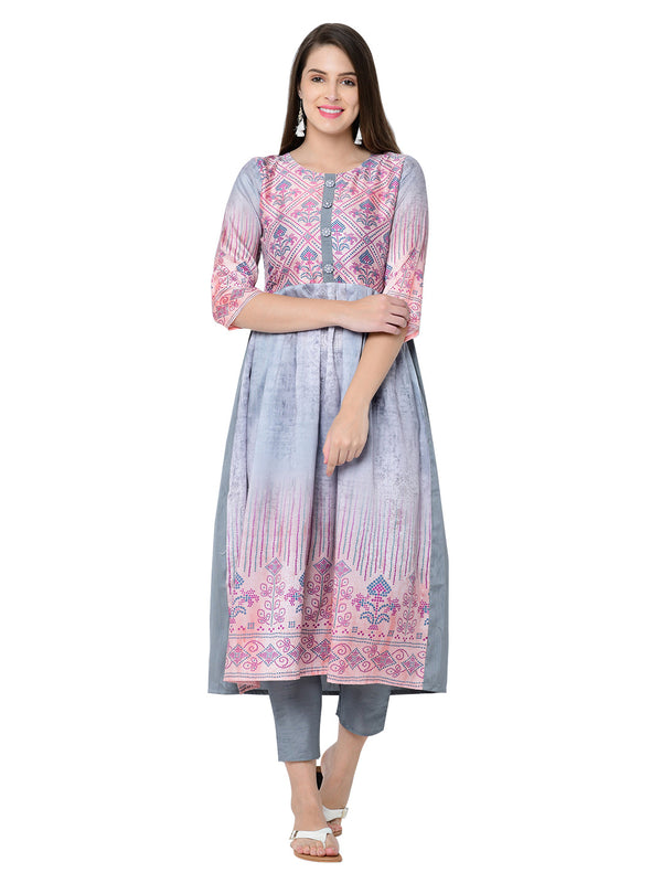 Women's Grey Poly Silk Kurta - Ziyaa